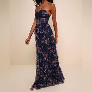NWT Lulu's Navy Strapless Maxi Floral Dress